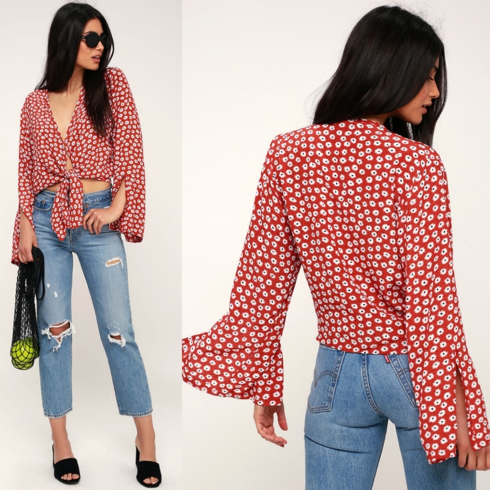 FAITHFULL THE BRAND Teguise Red Floral Print Tie-Front Top 4.